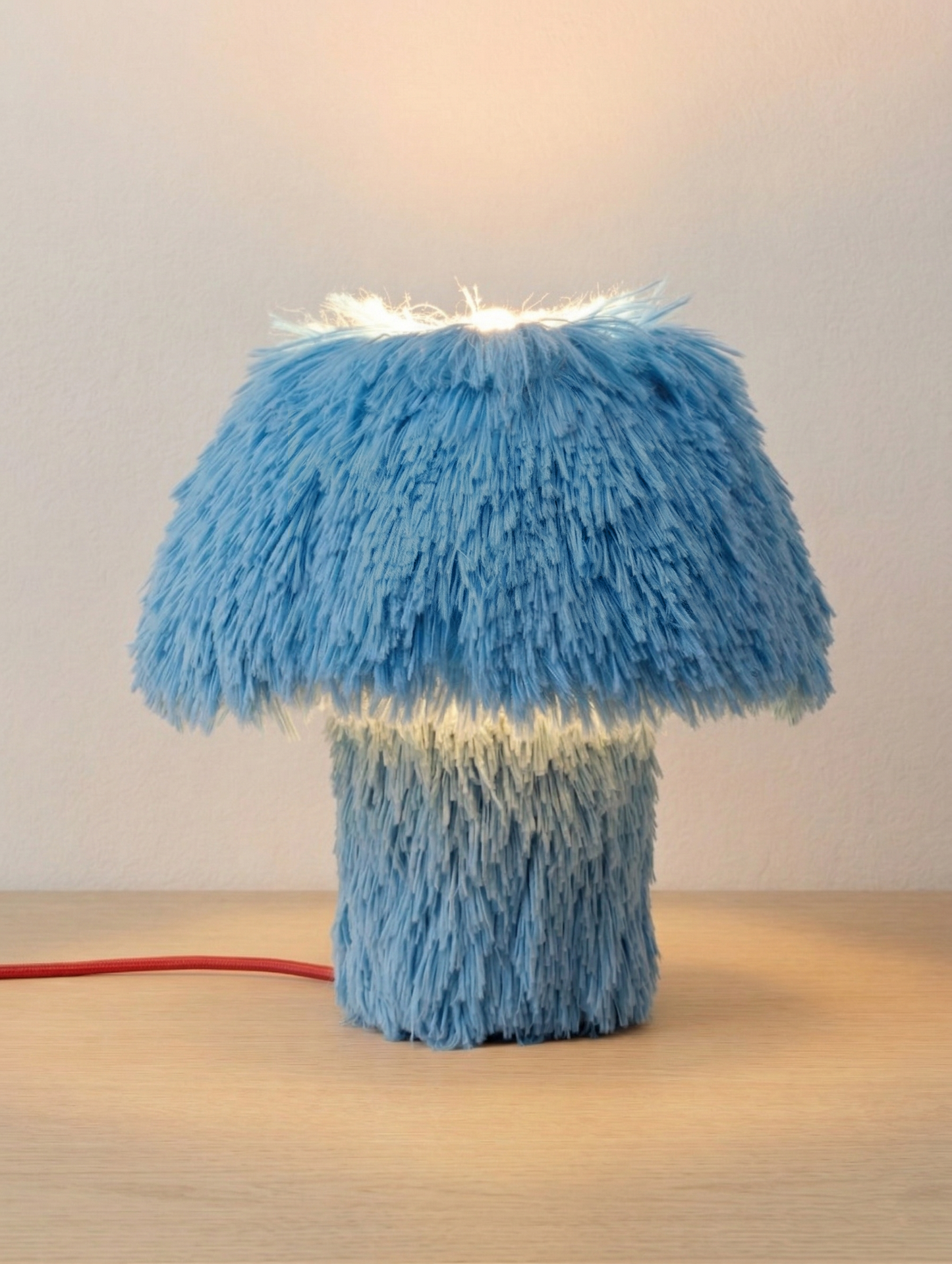 Cookie table lamp switched on, warm glow through shaggy fur