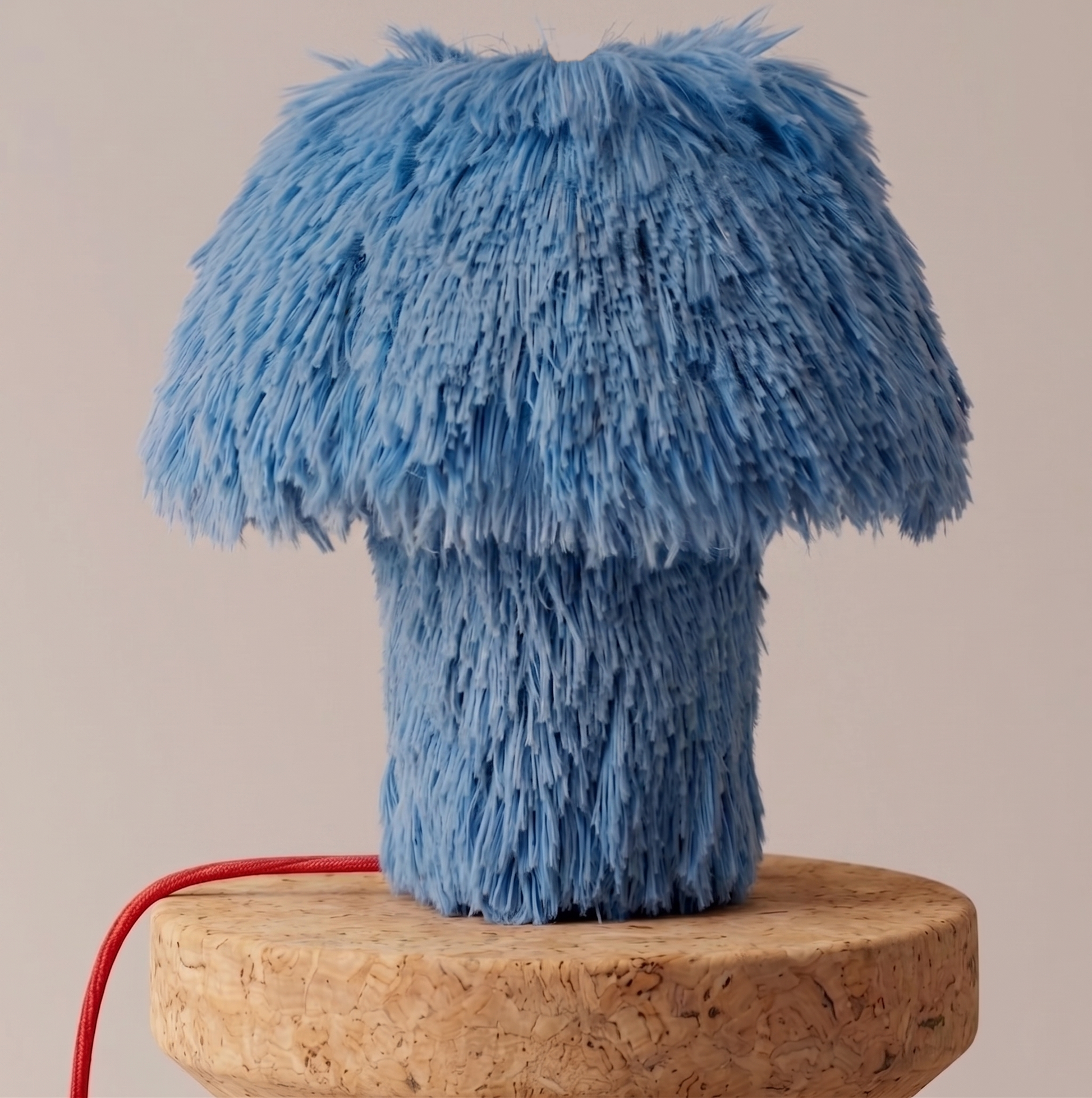 Cookie table lamp with shaggy faux fur shade, front studio view